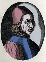 retrato de Angelo Poliziano ((Anjo da Polícia) humanista italiano 1454-1494. in "Virorum Doctorum effigies" de Filippo Galli
