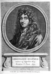 Retrato de Christiaan Huygens.físico e matemático holandês (1629 a 1695). Gravura do século XIX