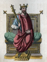 Retrato de Otão I, também conhecido como Otão, o Grande (912-973), imperador do Sacro Império Romano-Germânico (Otão I do Sacro Império, Otão, o Grande; Ottone I di Sassonia, detto Ottone il Grande) - gravura de «Usi e Costumi di Tutti i Popoli