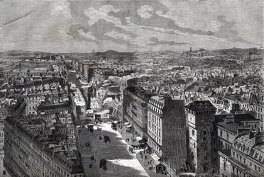 as Grandes Obras de Haussman - Transformações de Paris sob o Segundo Império, Paris Haussmannien (Boulevard, obras de Haussmannien) - Le piercing de rue Etienne Marcel- de la rue Turbigo à la Place des Victoires - gravura em "Le journal illustrious" de 1