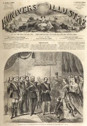 a visita de Guilherme, rei da Prússia, a Napoleão III, imperador dos franceses, em Compiègne, França 1861 - Visita de Guilherme I da Prússia (1797-1888) a Compiègne na presença de Napoleão III - Gravura de "O Universo Ilustrado