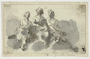 Três figuras sentadas (frente); homem sentado de perfil (verso)