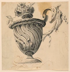 Desenho, pintura de teto e vaso de flores, ca. 1725-50
