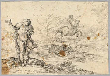 Desenho, Centauro salvando donzela de uma criatura que empunha uma clava, século XVI-XIX