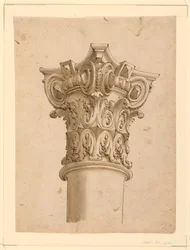 Desenho, vista de canto de um capitel composto, 1625-1650
