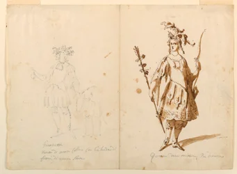 Desenho, Desenho de Figurinos: Juventude e Diana para um Ballet, ca. 1720