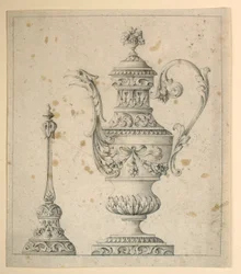 Desenho, Jarro decorado e campainha de mão, 1860-80