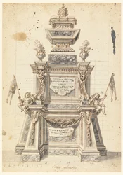 Desenho, Projeto de um Catafalco para a cerimónia fúnebre de um Papa, provavelmente Clemente XI, 1721