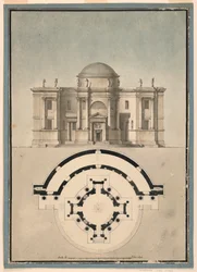 Desenho, Projeto de um Templo Clássico com um Tempietto e uma Edícula Semicircular, ca. 1780