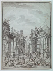 Desenho, Trabalhadores a construir arcadas, ca. 1740