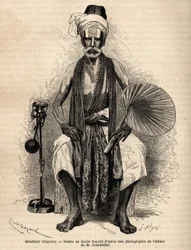 Um mendigo religioso hindu. Gravura para ilustrar a viagem nas províncias meridionais da Índia, de Alfred Grandidier, em 1862-1864, publicada em "Le tour du monde" 1869, editada por Edouard Charton, edição Hachette, Paris. Coleção Selva.