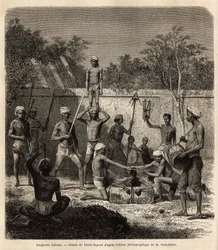 Um bando de malabaristas indianos. Gravura para ilustrar a viagem nas províncias meridionais da Índia, de Alfred Grandidier, em 1862-1864, publicada em "le tour du monde", sob a direção de D