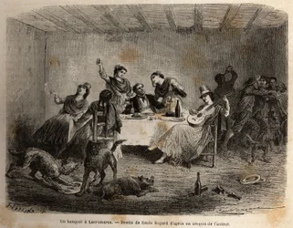 Um banquete em Lauramarca (Baixo Peru), um homem rodeado de mulheres indianas, é servido e mimado, enquanto, aproveitando sua distração, seus servos se chocam sem seu conhecimento. Gravura para ilustrar a viagem nos vales de Quinquinas (Peru), por