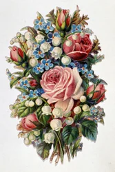 Um bouquet misturado com rosas, lírio do vale.