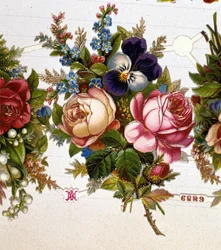 Um bouquet misturado com rosas, violetas. Cromolitografia do século XIX.