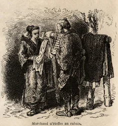 Um vendedor de tecidos com desconto faz o artigo para uma jovem mulher carregando o seu filho nas costas. Gravura para ilustrar a viagem ao Japão, de Aime Humbert, ministro da Confederação Suíça, em 1863-1864, publicada em "le tour du monde", sob o dir