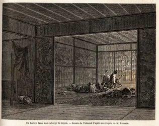 Um dormitório em uma pousada no Japão. Gravura para ilustrar a viagem ao Japão em 1863-1864, de Aime Humbert, ministro da Confederação Suíça, no "Le tour du monde, nouveau journal des voyages", publicado sob a direção de Edouard Charton