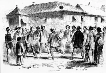 Um jogo de futebol em Manila (Filipinas) - gravura