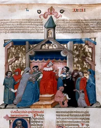 Um advogado que aplica a Lei das Miniaturas extraída do Código Justiniano (Codex Justinianus), uma coleção de leis e instituições publicadas sob o Imperador Romano Justiniano I de Bizâncio (483-565)