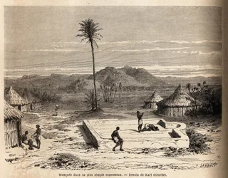 Uma mesquita na sua expressão mais simples, numa aldeia perto de Abu Hamed, nas margens do Nilo. Gravura para ilustrar a viagem ao leste do Sudão, em 1848-1860, por M. Tremmeaux, na "Le tour du monde, nouveau journal des voyages", publicada sob o título di