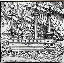 Um navegador em uma caravela portuguesa usando um astrolábio. Gravura das histórias de viagem do navegador alemão Hans Staden (1525-1579)