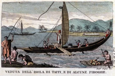 Uma canoa polinésia no Tahiti. A bordo de um carregamento de frutos de coco e de árvore de pão. Litografia do século XIX