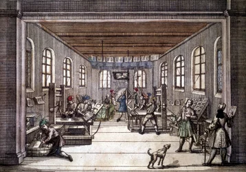 Uma gráfica no início do século XVIII.
