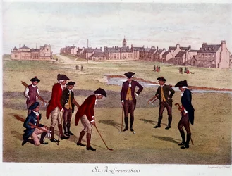 Uma partida de golfe com cavalheiros britânicos em St. Andrews, na Escócia, em 1800, onde o jogo foi criado. Litografia da Paris do século XIX, artes decorativas...