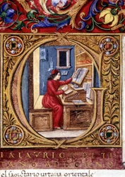 Um estudioso - na parede, uma das primeiras representações de um pêndulo (letra "g"). Manuscrito do século XV.