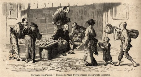 Um negociante de sementes no meio da rua. Gravura para ilustrar a viagem ao Japão, em 1863-1864, de Aime Humbert, ministro da Confederação Suíça, no "Le tour du monde, nouveau journal des voyages" publicado sob a direção de Edouard Charton