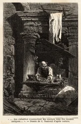 Um sapateiro, que montou a sua loja e trabalha em ruínas antigas. Engravure pour illustrrer le voyage à Rome, de Francis Wey, em 1864-1868, publicado em "Le tour du monde" 1869, editado por Edouard Charton, edição Hachette, Paris. Coleção Selva.