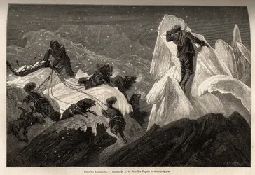 Um trenó e sua tripulação perdidos nos Hummocks, blocos de gelo rasgados que animam a superfície do bloco de gelo. Gravura para ilustrar a viagem ao mar livre do pólo Ártico, pelo Dr. Hayes, cirurgião da Marinha dos Estados Unidos, em 1860-1862, publicada 