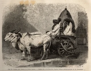 Um tanque de viagem disparado por dois bois brancos, para senhoras ou hindus ricos. Gravura para ilustrar a viagem nas províncias meridionais da Índia, de Alfred Grandidier, em 1862-1864, publicada em "le tour du monde", sob a direcção de D