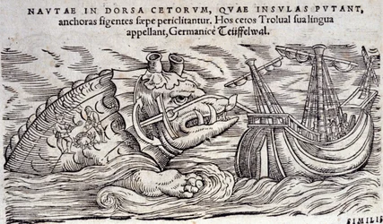 Uma baleia confundida com uma ilha. Duas pessoas acendem uma fogueira nas costas de um monstro marinho. Engraving n Historia Animalium de Conrad Gesner (1516-1565), Tiguri