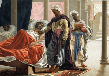 Abulcasis (Abul Qasim ibn Khalaf al-Abbas al-Zahrawi (936 - 1013 d.C.) cuidando de uma pessoa doente na Espanha por volta do ano 1000. de acordo com "La Ciencia y sus Hombres" de Louis Figuier. Barcelona 1881