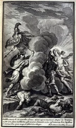 Aquiles, coberto com suas novas armas, tendo atacado rigorosamente os troianos, atirou-se com fúria a Héctor, a quem estava pronto para massacrar com seu ressentimento, mas Apolo o cobriu com uma espessa nuvem o delírio desse perigo. Ilustração do livro