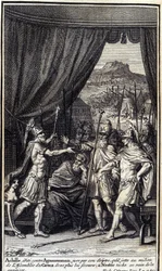 Aquiles, irritado contra Agamenón, jura por seu cetro que joga no meio da assembléia dos gregos para não ajudá-los; e Nestor mancha em vão para apaziguá-los. Ilustração do livro I da Ilíada de Homero, edição francesa