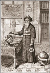 Adam Schall, astrônomo (1592-1666) em traje de tangerina, com globos terrestres e celestes e astrolábio - na "China" de Athanase Kircher (ou Athanasius Kircheri)