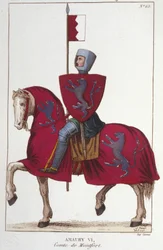 Amaury VI, Conde de Montfort (v. 1192-v. 1241), perdeu parte das conquistas de seu pai Simão IV O forte e cede os seus direitos para o Sul ao Rei da França, Luís VIII. Gravura a partir de 1830.