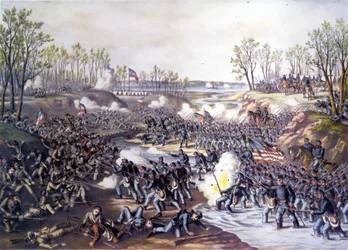 Guerra Civil Americana (1861 - 1865): Batalha de Shiloh ou Pittsburg Landing (Tennessee) 06-07 de Abril de 1862. Gravura do século XIX.