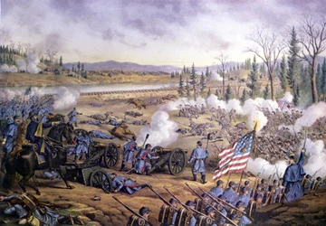 Guerra Civil Americana (1861 - 1865): Batalha do Rio da Pedra ou Segunda Batalha de Murfreesborough, Tennessee 31 Dez 1862-02 Jan 1863. Gravura do século XIX.