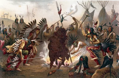 Ritual Índio Americano (Índios das planícies do Dakota do Sul): Dança de Guerra Sioux. cromolitografia de "A raça humana" de Ratzel, aproximadamente 1890