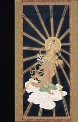 Amitabha (Amida) Tríade Descendente do Céu (pigmento sobre konshi (papel de arroz azul))