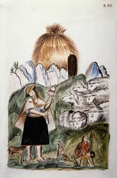 Uma pastora indígena perto de sua cabana com seu rebanho, do livro "Trujillo del Peru" ou "Códice Martínez Compañón", de Baltazar Martinez Compañón y Bujanda, bispo de Trujillo (1782-1785)