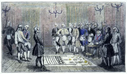 Uma loja de aprendizes em Paris, cerca de 1740: esta cena representa a recepção de um maçom «aprendiz» (no chão, a pintura da loja de aprendizes) - segundo uma gravura da época.