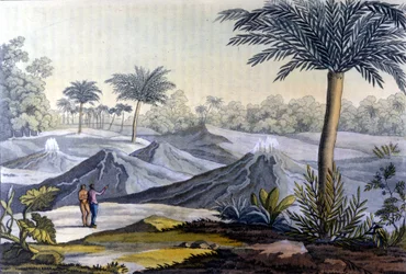 Um indígena mostra em Humboldt os vulcancitos perto de Turbaco, no Equador. Do livro de Alexander Von Humboldt (Alexandre de Humboldt