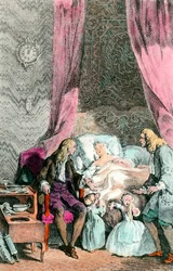 Um médico observador Uma mulher doente ou já morta está rodeada pela sua família e pelo médico. As crianças estão em lágrimas. Gravadas por volta de 1780. Paris, Academia de Medicina