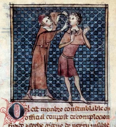 Figura anatômica: médico examinando o olho de um paciente. Miniatura do manuscrito "Cirurgia" (Folio 17v) escrito por Henri de Mondeville (cirurgião de Philippe Le Bel professor de anatomia)