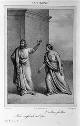 Antigone Acto 4, cena 5. Tragédia italiana de Vittorio Alfieri escrita em 1783, depois da mitologia grega. Gravura do século XVIII.