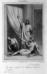 Antigone Act 5, cena 6. Tragédia italiana de Vittorio Alfieri escrita em 1783, depois da mitologia grega. Gravura do século XVIII.